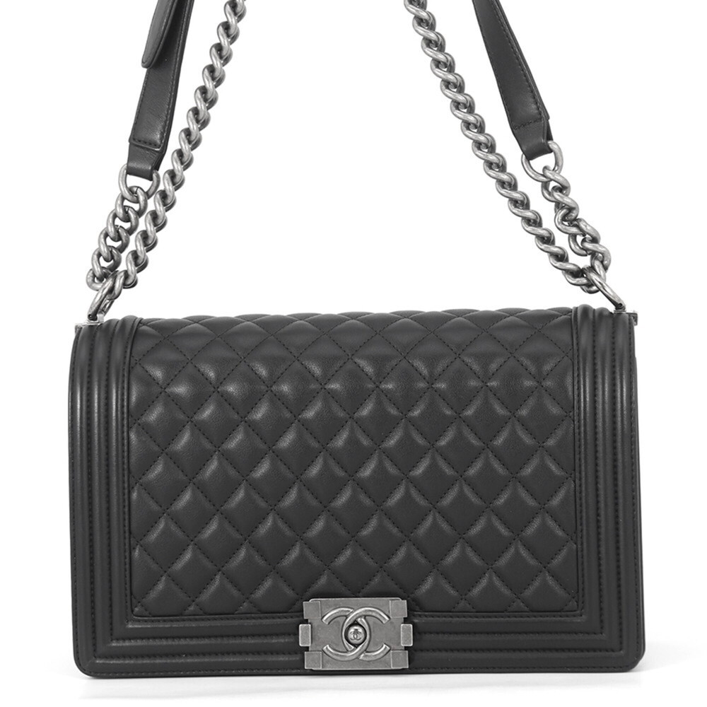 Chanel Chain Shoulder Bag Boy Large Matelassé Coco Mark Lambskin A92193 Black...